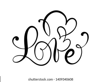 Love calligraphic vector text with romantic hearts. Handwritten ink lettering valentine concept. Modern brush calligraphy, Isolated on white background