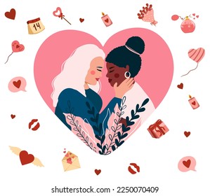 Love calligraphy for 14 February, Saint Valentines day postcard with greeting phrase colored flat vector illustration isolated on white background