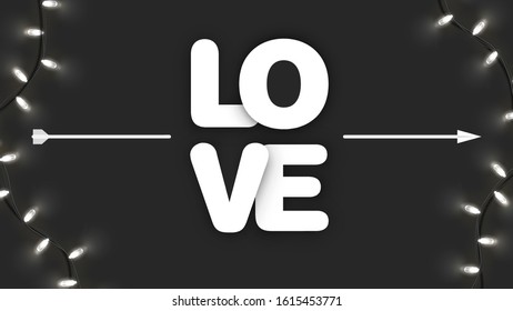 Love calligraphy with Cupid arrow on black background with bright garland. Valentine's day, Woman's day, Mother's banner concept. Vector art and illustration