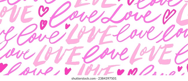 Love calligraphy with heart symbol seamless banner design. Hand drawn calligraphy romantic seamless pattern. Vector modern cursive text love you in pink colors. Ink vector inscription.