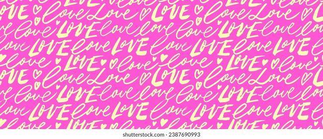 Love calligraphy with heart symbol seamless banner design. Hand drawn calligraphy romantic seamless pattern. Vector modern cursive text love you in pink colors. Ink vector inscription.