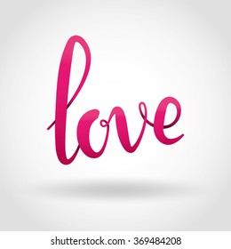 Love calligraphy, heart typography, handwritten amorous. Pink red 3d lettering background. Volume script logotype for card, invitation, banner, greeting card. Logo, sign, symbol. Happy valentines day.