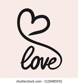 Love - calligraphy lettering phrase. Vector hand drawn illustration with brush painted word Love and curly heart shape. Valentines Day theme. Romantic design for prints, apparel, poster, wedding decor