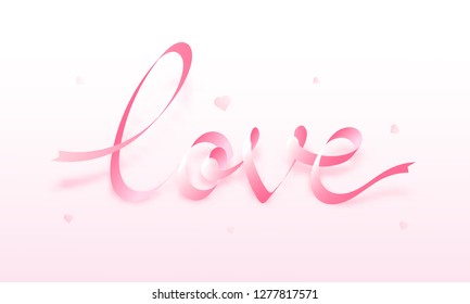 Love calligraphy made by pink ribbon on glossy background for valentine's day poster or greeting card design.