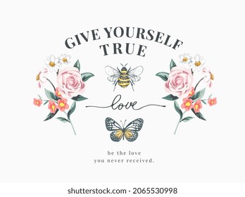 love calligraphy slogan with bee,  butterfly and flowers bouquet vector illustration