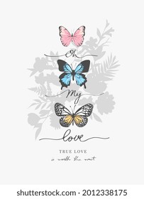 love calligraphy slogan on flowers bouquet silhouette background vector illustration