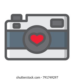 Love camera filled outline icon, valentines day and romantic, photography sign vector graphics, a colorful line pattern on a white background, eps 10.
