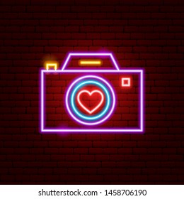 Love Camera Neon Sign. Vector Illustration of Photo Promotion.