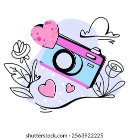 Love Cameras with Hearts
A delightful vintage camera adorned with heart accents and floral touches. Perfect for designs celebrating love in photography or travel-themed Valentine projects