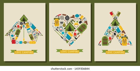 Love camping cards with hiking wanderlust icons stylized in shapes of tent, heart and circle. Outdoor summer adventure t-shirt print patterns with camp and hike equipment and elements.