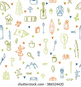 I love camping. Hand drawn hike seamless pattern with hearts. Doodle camping elements. Picnic, hiking, travel and camping. Vector illustration