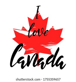 I love Canada hand lettering calligraphy text isolated for national holiday. Greeting card., banner or wallpaper. Vector 10 EPS