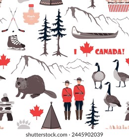 I love Canada seamless pattern with Canadian symbols. Beaver, goose, canoe, teepee, hockey, royal police, mountains, maple leaves and syrup. Vector background