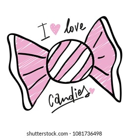 i love candies vector illustration for graphics girl with pink candy and hand made written script