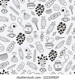 Love candy background with sweets, hot tea, hearts, mugs and teapots. Food and drink vector seamless pattern