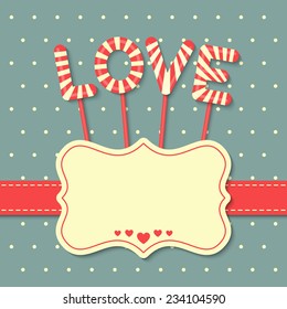 Love candy with frame and ribbon on dots background. vector.