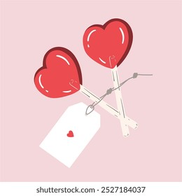 Love candy with label. Red heart shaped lollipop. Design for Valentine’s Day and romantic holidays. Hand drawn vector illustration