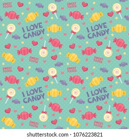 I Love Candy Lolly Pop Mint Green Seamless Pattern Polka Dot Flat Vector Illustration