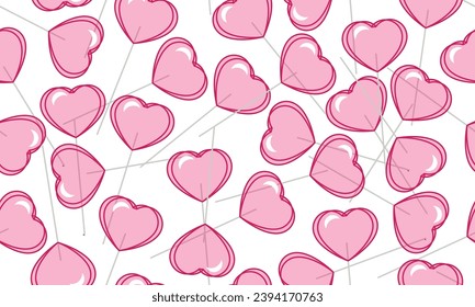 Love candy. Seamless pattern with pink heart shaped lollipop. Background for Valentine’s Day and romantic holidays. Seamless pattern with hearts and lollipops. Print by February 14th. Candy design