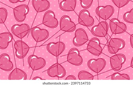 Love candy. Seamless pattern with pink heart shaped lollipop. Background for Valentine’s Day and romantic holidays. Seamless pattern with hearts and lollipops. Print by February 14th. Candy design