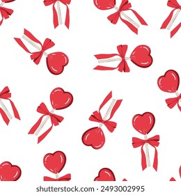 Love candy. Seamless pattern with red heart shaped lollipop and bow. Background for Valentine’s Day and romantic holidays. Hand drawn vector illustration