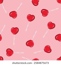 Love candy. Seamless pattern with red heart shaped lollipop. Background for Valentine’s Day and romantic holidays. Hand drawn vector illustration