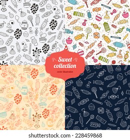 Love candy warm background collection with sweets, hot tea, hearts, mugs and teapots. Food and drink vector seamless pattern