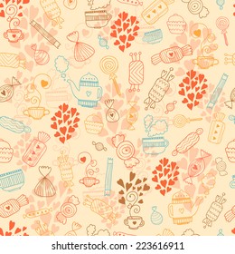 Love candy warm background with sweets, hot tea, hearts, mugs and teapots. Food and drink vector seamless pattern
