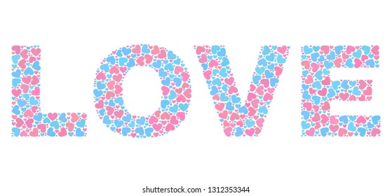 LOVE caption constructed with scattered pink and blue lovely hearts. Text caption is isolated on a white background. Vector collage LOVE for Valentine illustrations.