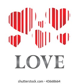 love caption with six red dappled striped hearts