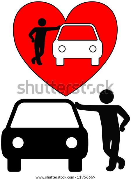 Love\
the car! A symbol person as a loving car owner leans on a car, or a\
silhouette of a dealer or mechanic leaning on a\
car.