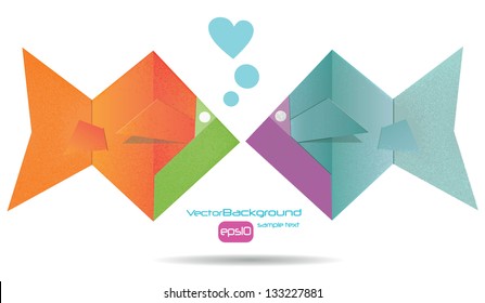 love card, abstract background, cute origami fish