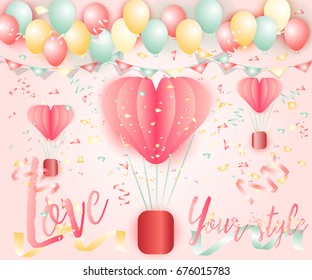 Love card abstract celebrate heart pink paper overlap style balloon red : Bright colorful balloons backdrop : The ribbon is blown. For Valentine's day or wedding with text love.Vector illustration.