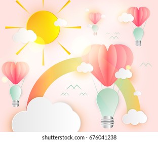 Love card abstract idea light bulbs heart pink paper overlap style balloon red floating on the air : white cloud, sun and rainbow paper cut.thinking idea business or you have an idea to love.Vector