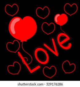 Love card. Abstract Red hearts. Black background. Vector Illustration. 