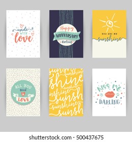 Love card banner. Valentines day 6 cards Love vector social media collection set . Hand drawn lettering. Handwritten cute lettering. Greeting, invitation card. Vector illustration template.