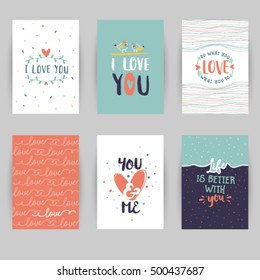 Love card banner. Valentines day 6 cards Love vector social media collection set . Hand drawn lettering. Handwritten cute lettering. Greeting, invitation card. Vector illustration template..