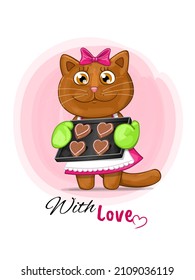 With Love Card with cartoon cute cinnamon British cat girl with heart shaped cookies. Vector Illustration

