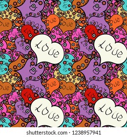 Love card. Cartoon hearts on neutral, black and violet colors on cute background. Seamless love pattern with hearts. Our love is magic. Vector illustration.