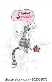 Love card with cat and flowers.