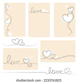 Love card collection with lettering and hearts simple abstract drawng,Set of banners template with words love and romantic symbols vector illustration.Trendy minimal illustrations.Valentine's day