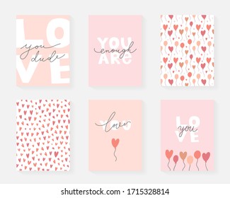 Love card collection with lettering and simple abstract drawng, modern fun motivational cards, love you dude, you are enough romantic quotes, hand drawn minimal illustrations, modern line art