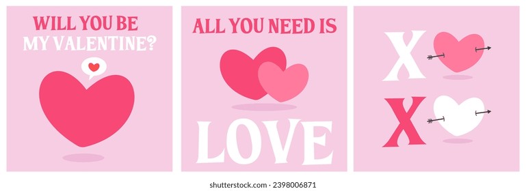 Valentine’s love card collection. Set of three cards with romantic elements and typography. Hearts and quotes. Vector illustration.