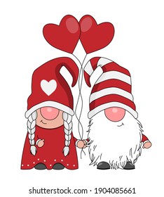  Love card. Couple of gnomes holding hands and with heart-shaped balloons