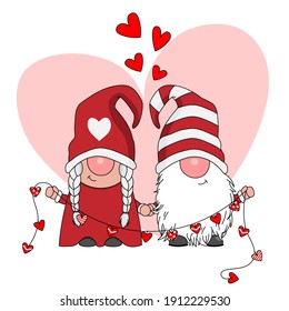 Love card. Couple of gnomes holding hands and with a garland of hearts