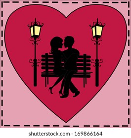 Love card with a couple on a bench in the light of lanterns