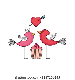 love card with cute birds couple and cupcake