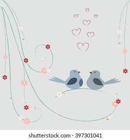 Love card with cute birds sitting on the branch. Vector illustration