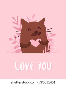 Love card with cute cat, plants and heart on pink background. Flat style. Vector.