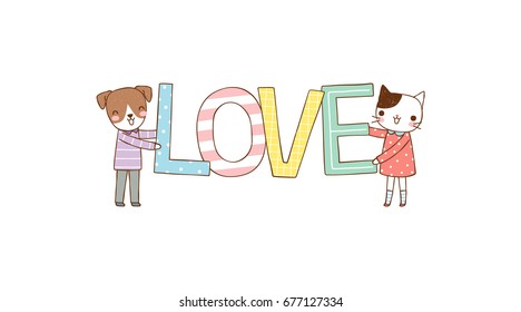 Love card. Cute dog boy and cat girl holding big text love for valentines day. Flat design. Isolated on white background. Vector illustration.
